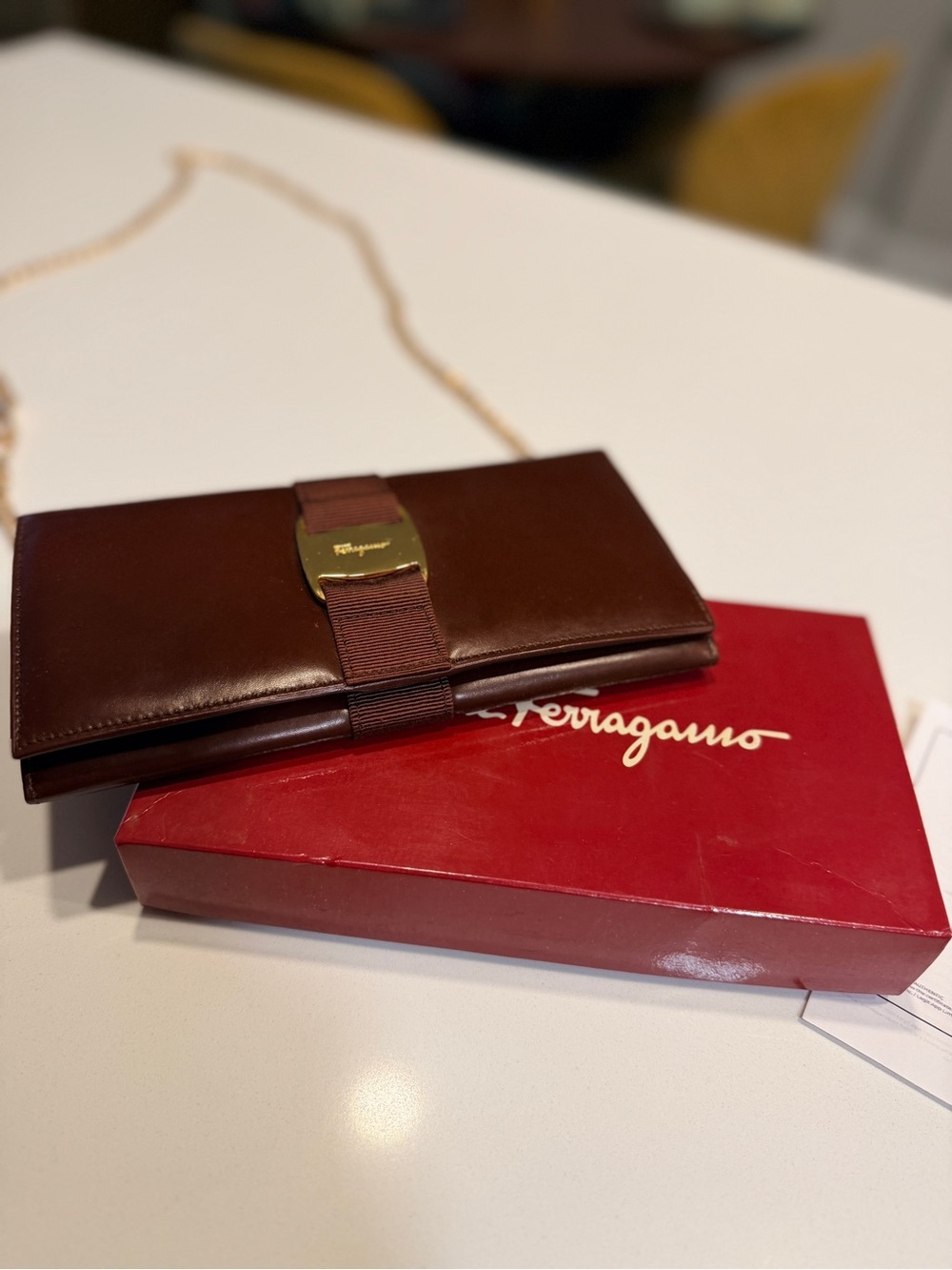 Salvatore Ferragamo Vintage Vara Bow Brown Leather Long Wallet w/Chain,Box & COA